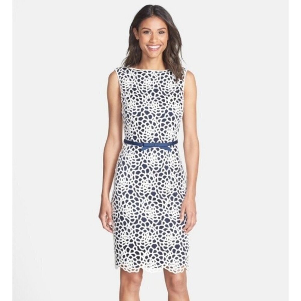 Tadashi Shoji White Overlay Navy Blue Sleeveless Sheath Dress Wedding Guest 10